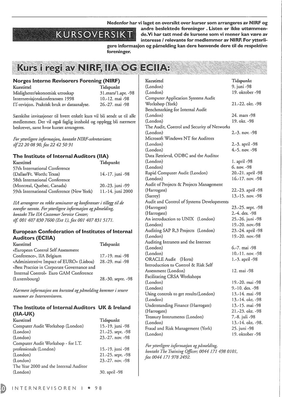 Norges Interne Revisorers Forening (NIRF) Kurstittel Tidspunkt Misligheterl0konomisk urroskap 31.mars/l.apr. -98 Internrevis;onskonferansen 1998 10.-12. mai -98 IT-revisjon.