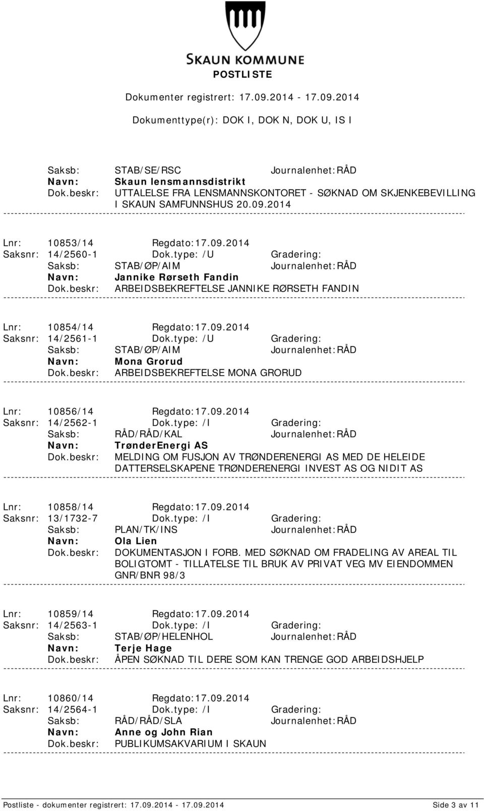 type: /U Gradering: Saksb: STAB/ØP/AIM Journalenhet:RÅD Mona Grorud ARBEIDSBEKREFTELSE MONA GRORUD Lnr: 10856/14 Regdato:17.09.2014 Saksnr: 14/2562-1 Dok.