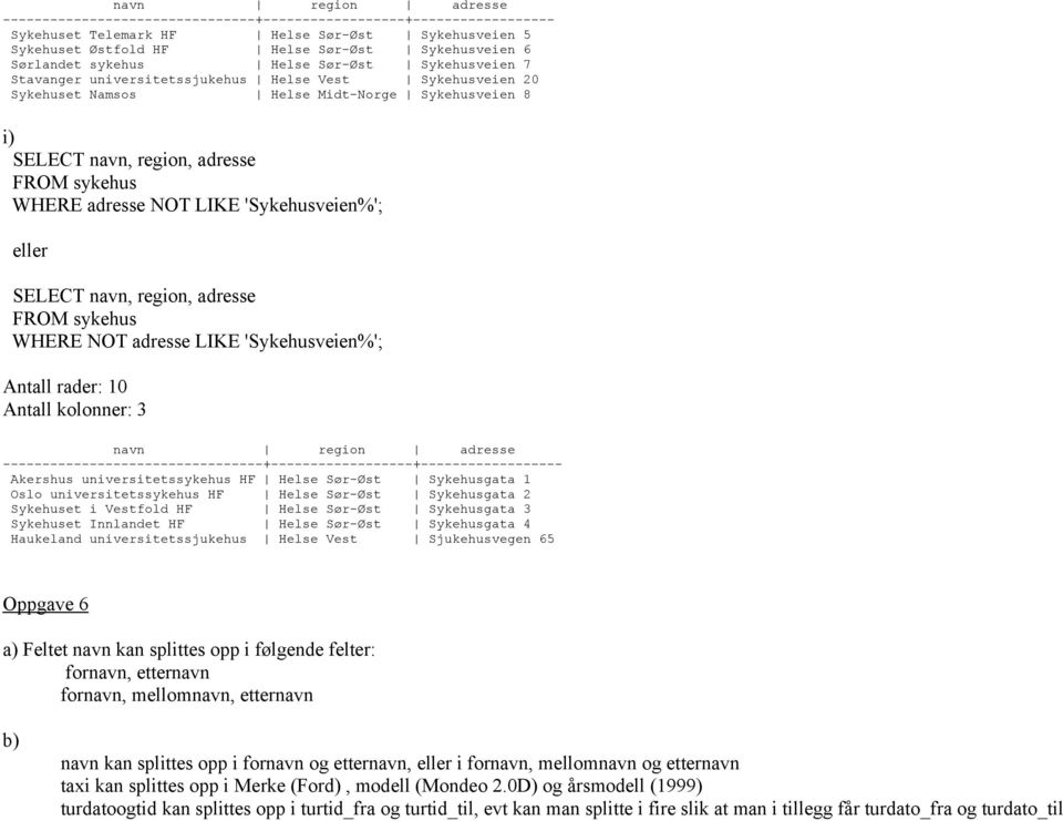 WHERE adresse NOT LIKE 'Sykehusveien%'; eller SELECT navn, region, adresse FROM sykehus WHERE NOT adresse LIKE 'Sykehusveien%'; Antall rader: 10 Antall kolonner: 3 navn region adresse