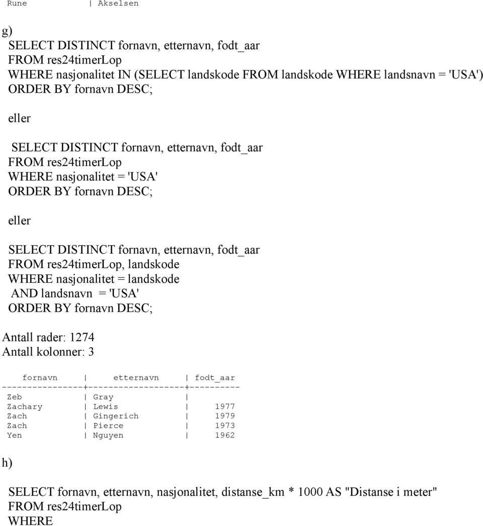 nasjonalitet = landskode AND landsnavn = 'USA' ORDER BY fornavn DESC; Antall rader: 1274 Antall kolonner: 3 fornavn etternavn fodt_aar