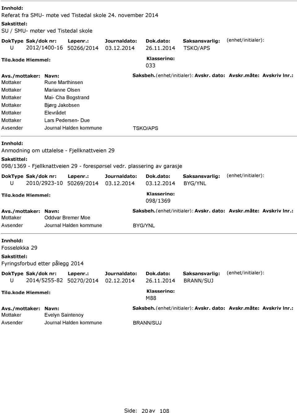 : Rune Marthinsen Marianne Olsen Mai- Cha Bogstrand Bjørg Jakobsen Elevrådet Lars edersen- Due TSKO/AS Anmodning om uttalelse - Fjellknattveien 29 098/1369 - Fjellknattveien 29 - forespørsel