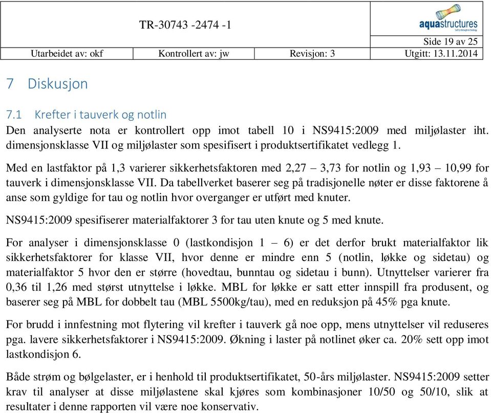 Med en lastfaktor på 1,3 varierer sikkerhetsfaktoren med 2,27 3,73 for notlin og 1,93 10,99 for tauverk i dimensjonsklasse VII.