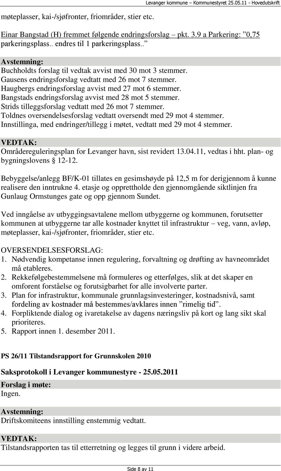 Haugbergs endringsforslag avvist med 27 mot 6 stemmer. Bangstads endringsforslag avvist med 28 mot 5 stemmer. Strids tilleggsforslag vedtatt med 26 mot 7 stemmer.