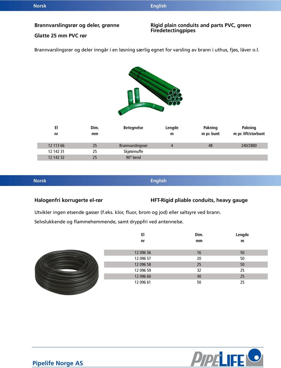 lift/storbunt 12 113 66 25 Brannvarslingsrør 4 48 240/2880 12 142 31 25 Skjøtemuffe 12 142 32 25 90 bend Halogenfri korrugerte el-rør HFT-Rigid pliable conduits, heavy gauge Utvikler