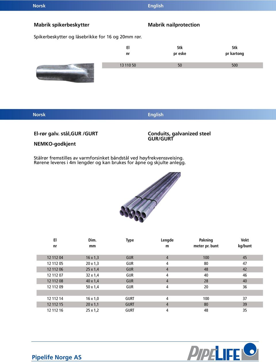 Rørene leveres i 4m lengder og kan brukes for åpne og skjulte anlegg. El Dim. Type Lengde Pakning Vekt nr mm m meter pr.