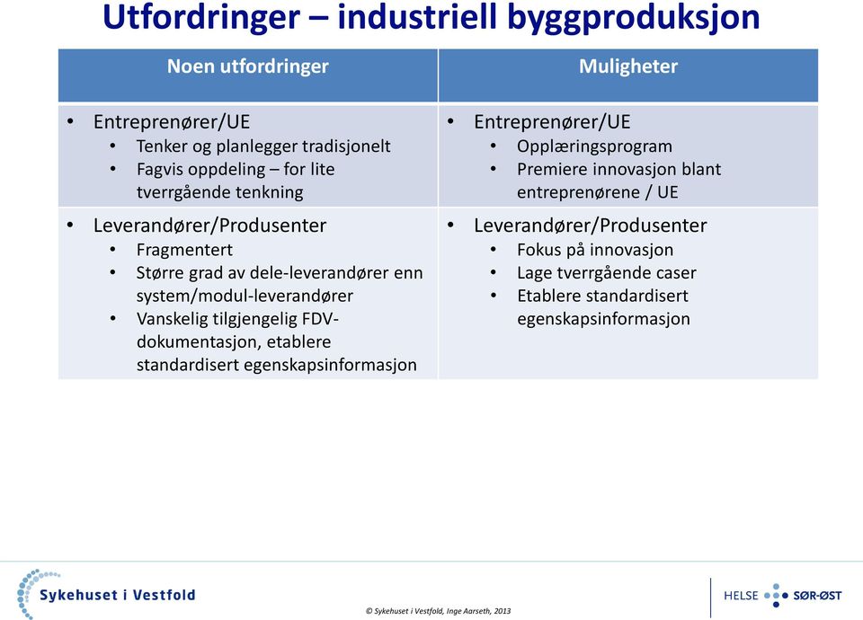 FDVdokumentasjon, etablere standardisert egenskapsinformasjon Muligheter Entreprenører/UE Opplæringsprogram Premiere innovasjon blant