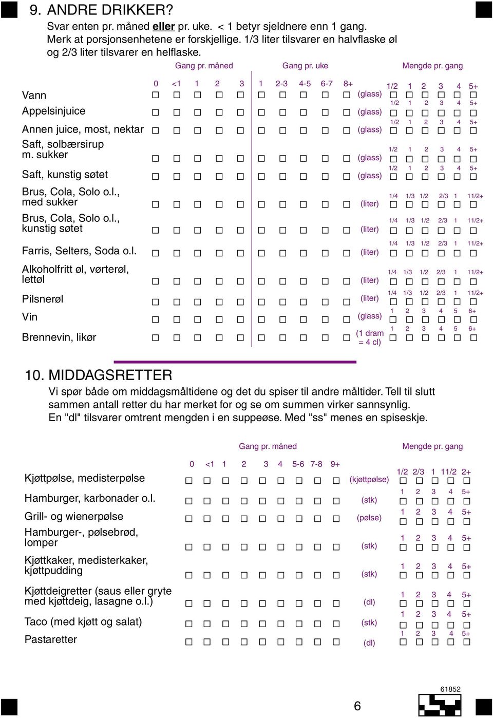 sukker <1 1 2 3 1 2-3 4-5 6-7 8+ (glass) (glass) (glass) (glass) 1/2 1 2 3 4 1/2 1 2 3 4 1/2 1 2 3 4 1/2 1 2 3 4 5+ 5+ 5+ 5+ Saft, kunstig søtet (glass) 1/2 1 2 3 4 5+ Brus, Cola, Solo o.l., med sukker (liter) 1/4 1/3 1/2 2/3 1 11/2+ Brus, Cola, Solo o.