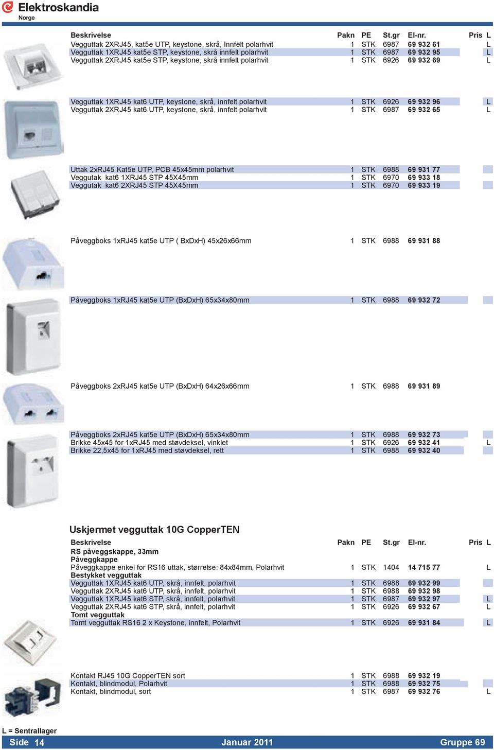 polarhvit 1 STK 6987 69 932 65 L Uttak 2xRJ45 Kat5e UTP, PCB 45x45mm polarhvit 1 STK 6988 69 931 77 Veggutak kat6 1XRJ45 STP 45X45mm 1 STK 6970 69 933 18 Veggutak kat6 2XRJ45 STP 45X45mm 1 STK 6970