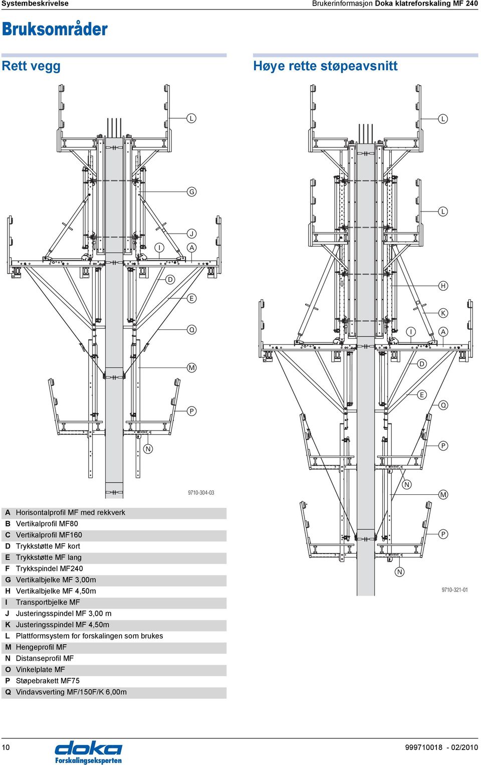 MF240 G Vertikalbjelke MF 3,00m H Vertikalbjelke MF 4,50m I Transportbjelke MF J Justeringsspindel MF 3,00 m K Justeringsspindel MF 4,50m L Plattformsystem