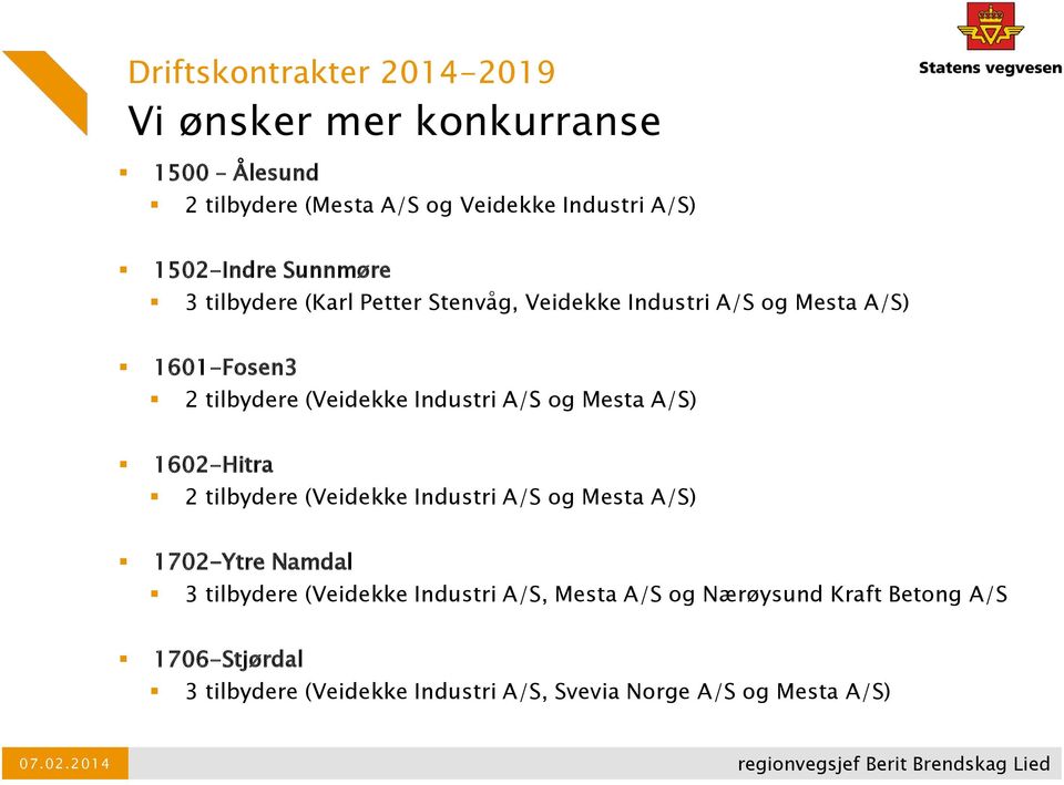 Industri A/S og Mesta A/S) 1602-Hitra 2 tilbydere (Veidekke Industri A/S og Mesta A/S) 1702-Ytre Namdal 3 tilbydere