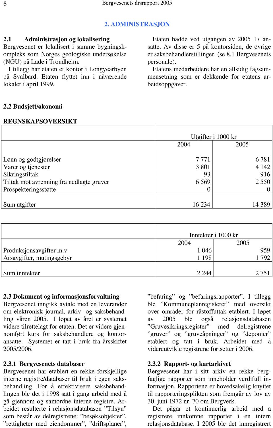 Av disse er 5 på kontorsiden, de øvrige er saksbehandlerstillinger. (se 8.1 Bergvesenets personale). Etatens medarbeidere har en allsidig fagsammensetning som er dekkende for etatens arbeidsoppgaver.