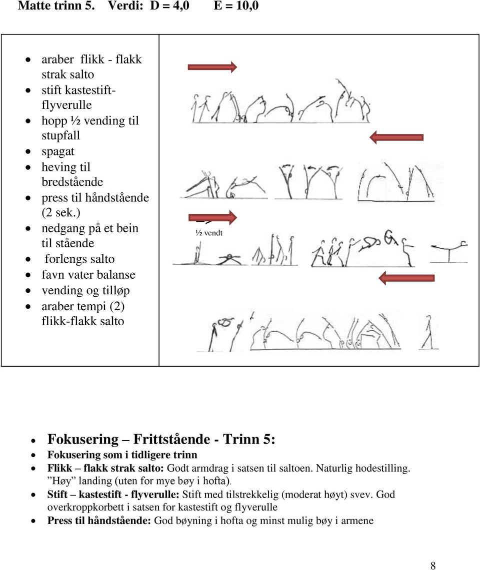 ) nedgang på et bein til stående forlengs salto favn vater balanse vending og tilløp araber tempi (2) flikk-flakk salto => ½ vendt Fokusering Frittstående - Trinn 5: Fokusering