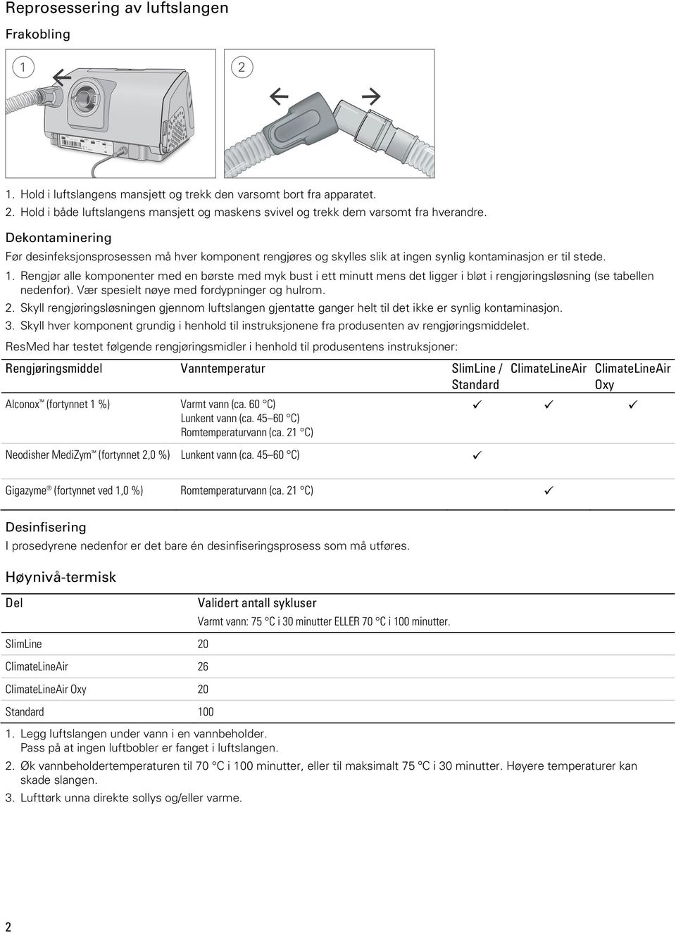 Dekontaminering Før desinfeksjonsprosessen må hver komponent rengjøres og skylles slik at ingen synlig kontaminasjon er til stede. 1.