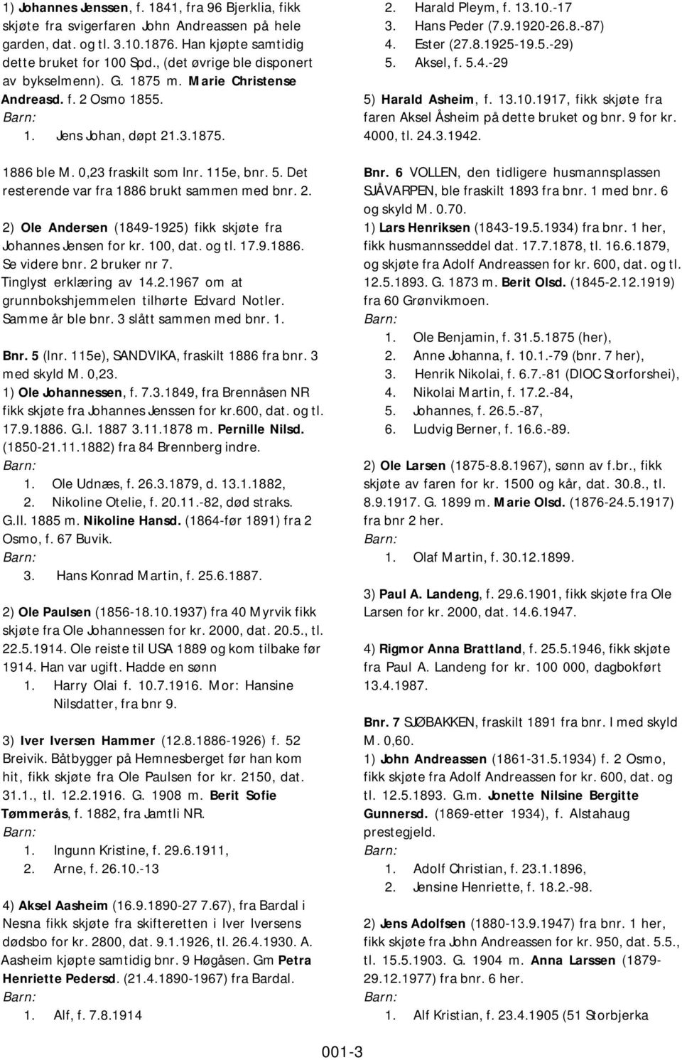 Det resterende var fra 1886 brukt sammen med bnr. 2. 2) Ole Andersen (1849-1925) fikk skjøte fra Johannes Jensen for kr. 100, dat. og tl. 17.9.1886. Se videre bnr. 2 bruker nr 7.