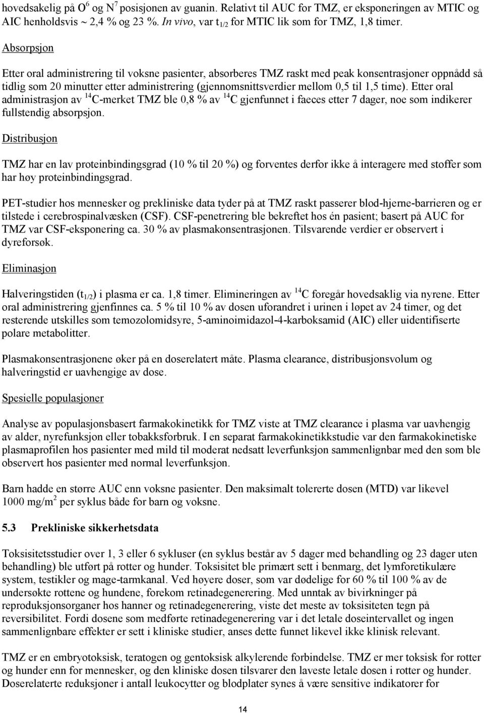 1,5 time). Etter oral administrasjon av 14 C-merket TMZ ble 0,8 % av 14 C gjenfunnet i faeces etter 7 dager, noe som indikerer fullstendig absorpsjon.