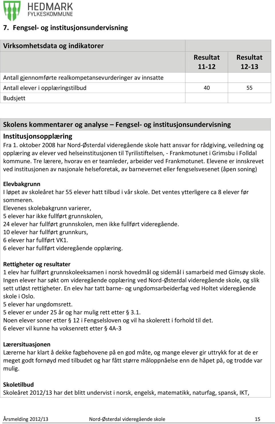 oktober 2008 har Nord-Østerdal videregående skole hatt ansvar for rådgiving, veiledning og opplæring av elever ved helseinstitusjonen til Tyrilistiftelsen, - Frankmotunet i Grimsbu i Folldal kommune.