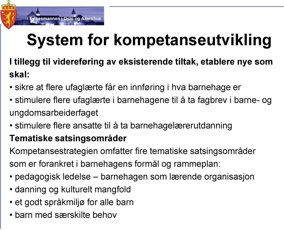 barnehagelærerutdanning Tematiske satsingsområder Kompetansestrategien omfatter fire tematiske satsingsområder som er forankret i barnehagens formål