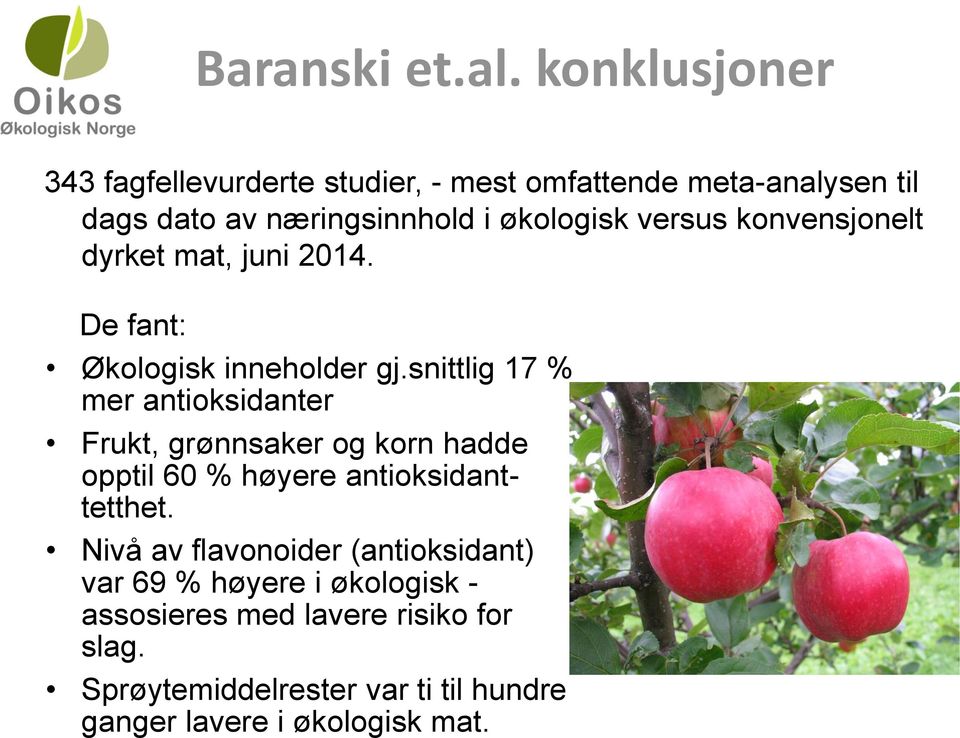 versus konvensjonelt dyrket mat, juni 2014. De fant: Økologisk inneholder gj.