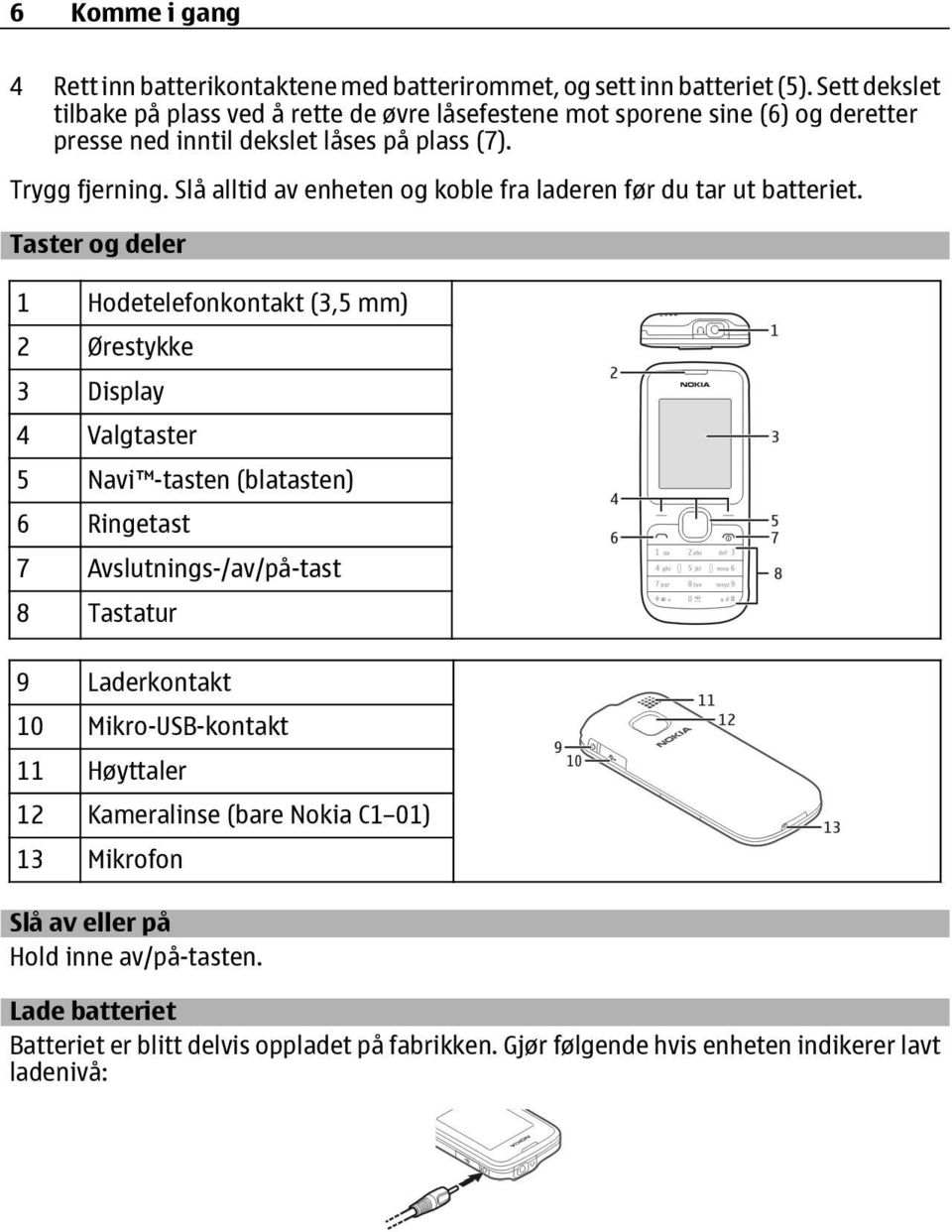 Slå alltid av enheten og koble fra laderen før du tar ut batteriet.