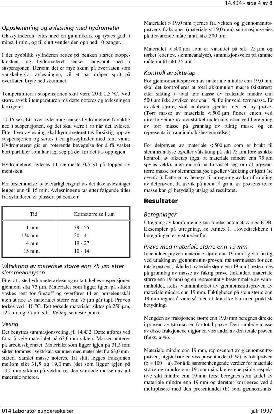 Dersom det er mye skum på overflaten som vanskeliggjør avlesningen, vil et par dråper sprit på overflaten bryte ned skummet. Temperaturen i suspensjonen skal være 20 ± 0,5 C.