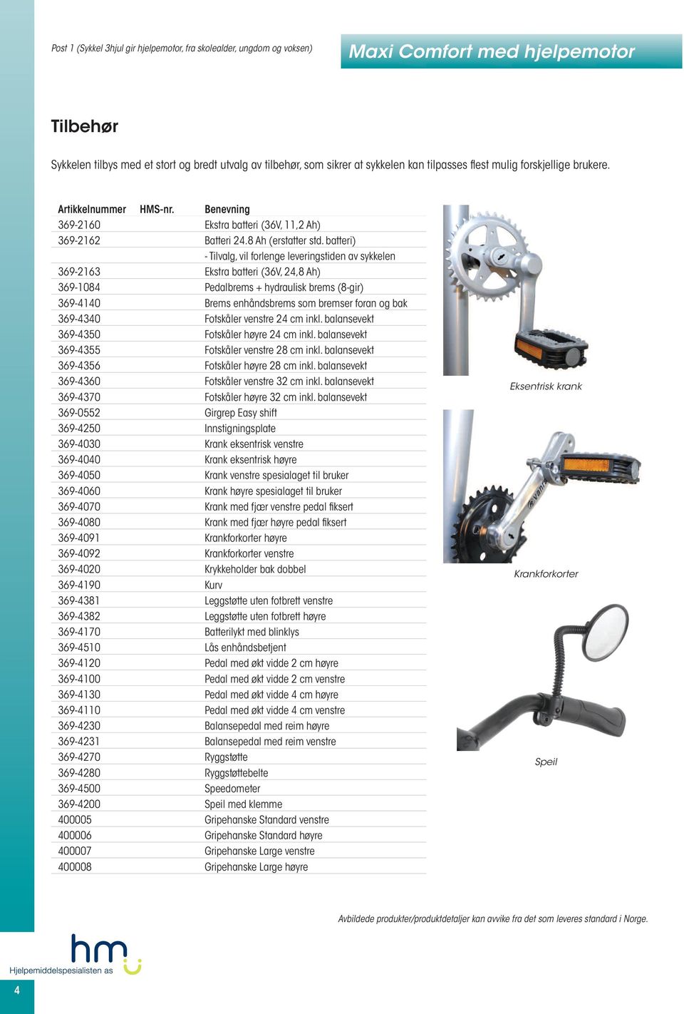 batteri) - Tilvalg, vil forlenge leveringstiden av sykkelen 369-2163 Ekstra batteri (36V, 24,8 Ah) 369-1084 Pedalbrems + hydraulisk brems (8-gir) 369-4140 Brems enhåndsbrems som bremser foran og bak