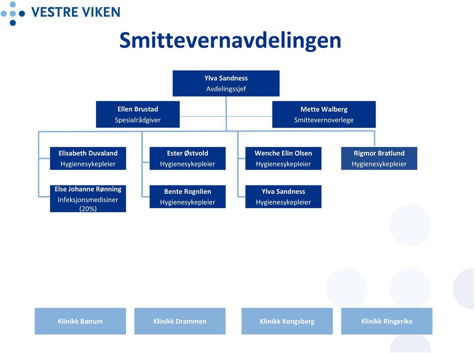 Hygienesykepleier Rigmor Bratlund Hygienesykepleier Else Johanne Rønning Infeksjonsmedisiner (20%) Bente