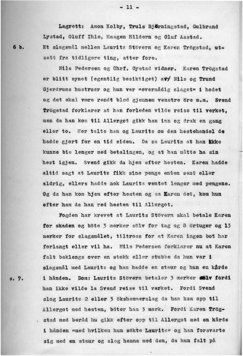 . Karen Trogstad er blitt synet (egentli besiktiget) a#y Nils og Trund Gjerdrums hustruer og hun var novermådig slagetn 1 hodet og det skal være rendt blod gj sanem venstre ore ro"m. Svend s. 7.