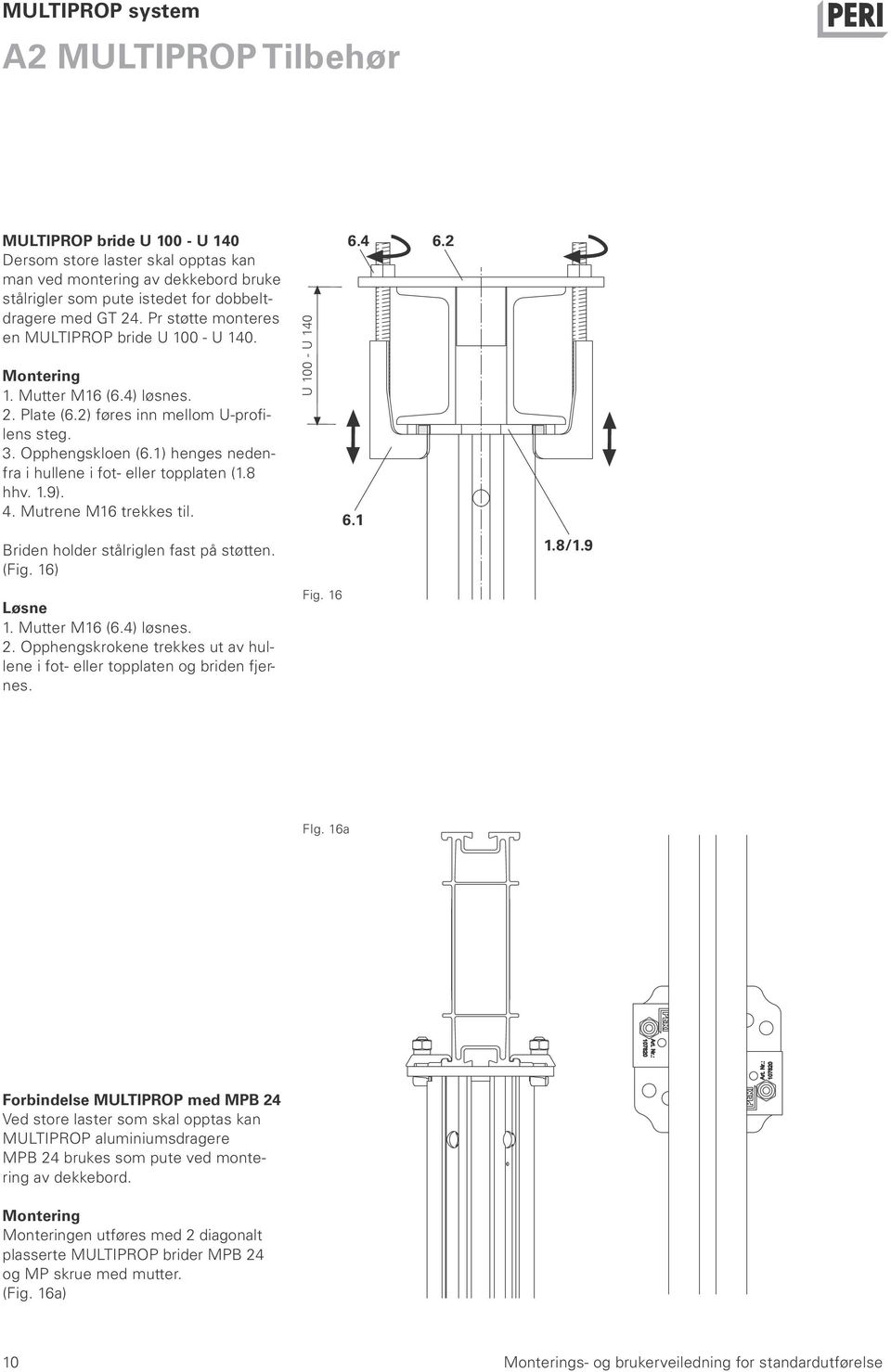 1) henges nedenfra i hullene i fot- eller topplaten (1.8 hhv. 1.9). 4. Mutrene M16 trekkes til. U 100 - U 140 6.4 6.1 6.2 Briden holder stålriglen fast på støtten. (Fig. 16) 1.8/1.9 Løsne 1.