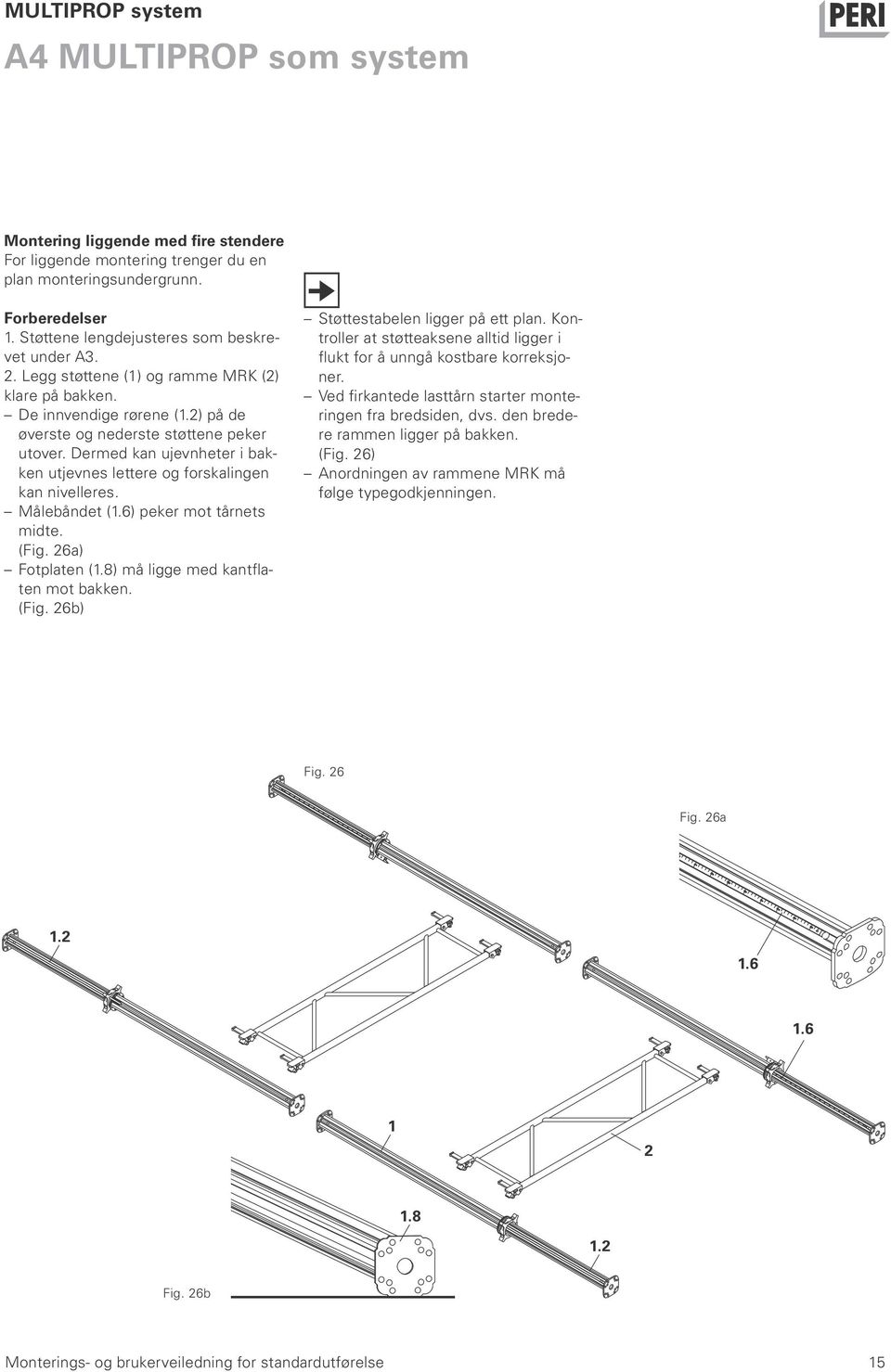 Dermed kan ujevnheter i bakken utjevnes lettere og forskalingen kan nivelleres. Målebåndet (1.6) peker mot tårnets midte. (Fig. 26a) Fotplaten (1.8) må ligge med kantflaten mot bakken. (Fig. 26b) Støttestabelen ligger på ett plan.