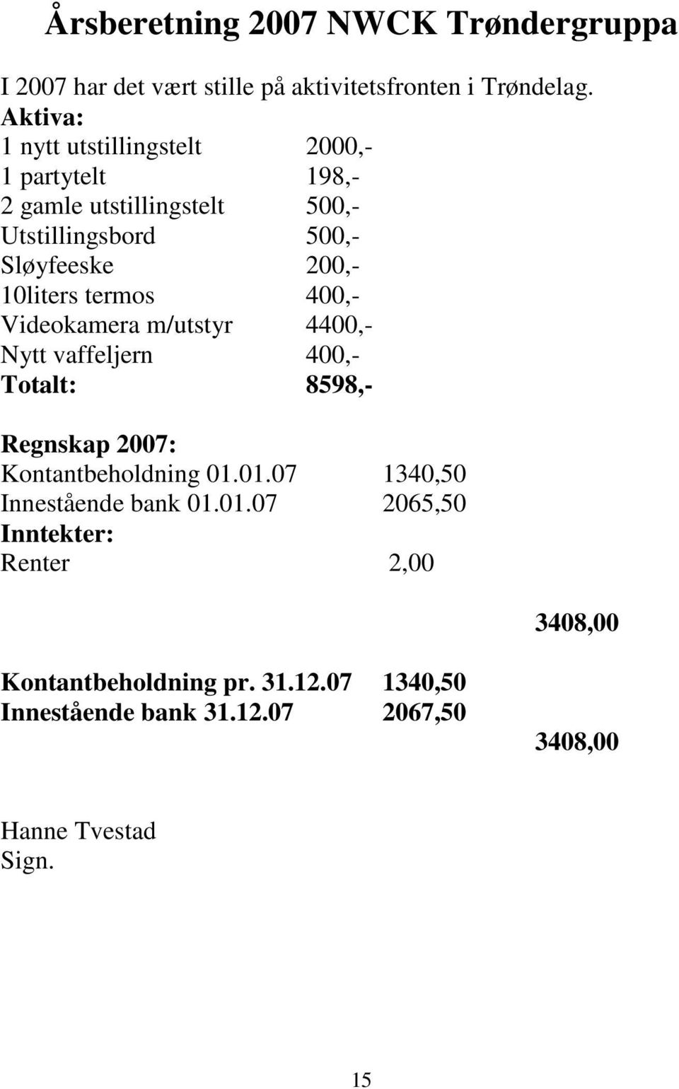 10liters termos 400,- Videokamera m/utstyr 4400,- Nytt vaffeljern 400,- Totalt: 8598,- Regnskap 2007: Kontantbeholdning 01.