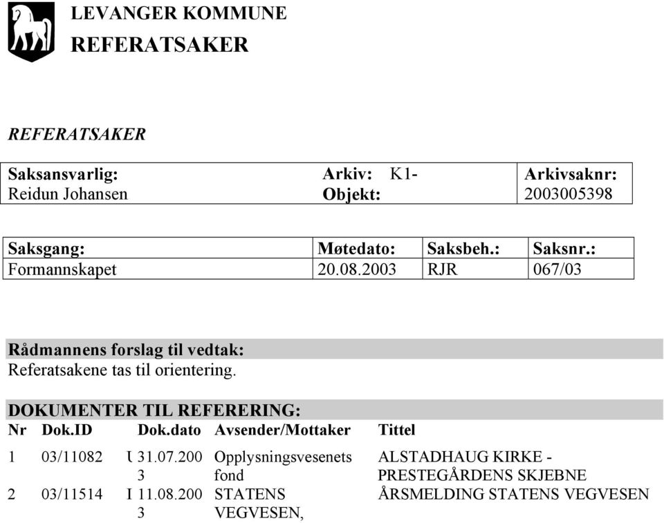 2003 RJR 067/03 Rådmannens forslag til vedtak: Referatsakene tas til orientering. DOKUMENTER TIL REFERERING: Nr Dok.