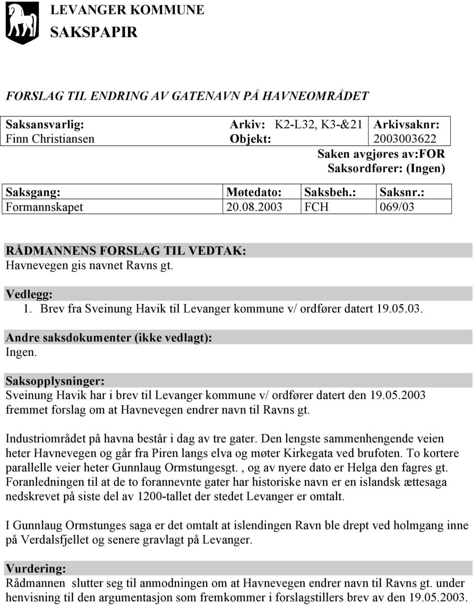 Brev fra Sveinung Havik til Levanger kommune v/ ordfører datert 19.05.03. Andre saksdokumenter (ikke vedlagt): Ingen.