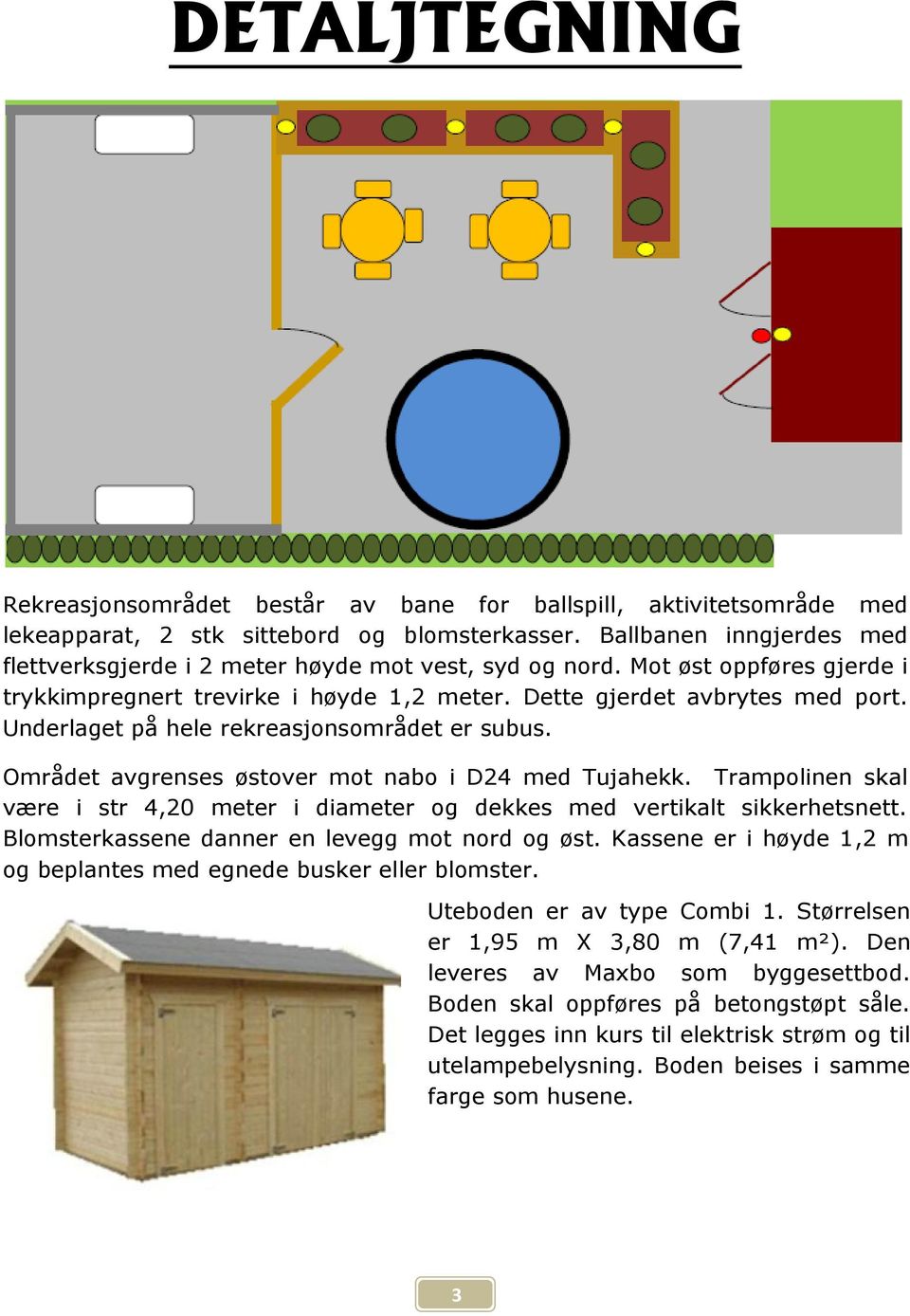 Underlaget på hele rekreasjonsområdet er subus. Området avgrenses østover mot nabo i D24 med Tujahekk. Trampolinen skal være i str 4,20 meter i diameter og dekkes med vertikalt sikkerhetsnett.