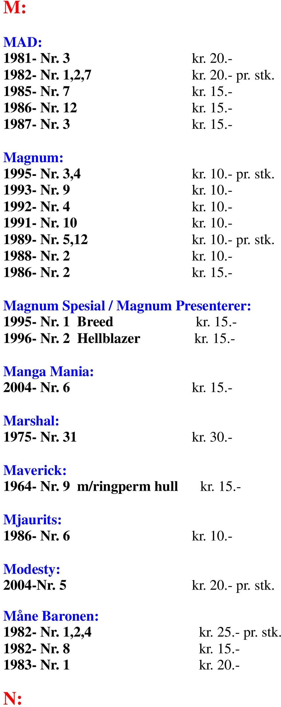 - Magnum Spesial / Magnum Presenterer: 1995- Nr. 1 Breed kr. 15.- 1996- Nr. 2 Hellblazer kr. 15.- Manga Mania: 2004- Nr. 6 kr. 15.- Marshal: 1975- Nr. 31 kr. 30.