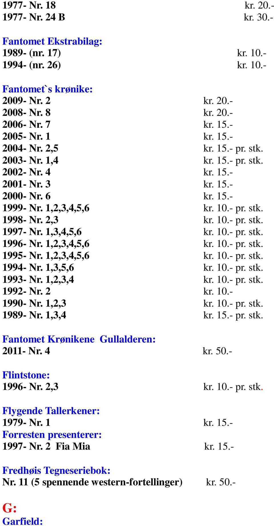 2,3 kr. 10.- pr. stk. 1997- Nr. 1,3,4,5,6 kr. 10.- pr. stk. 1996- Nr. 1,2,3,4,5,6 kr. 10.- pr. stk. 1995- Nr. 1,2,3,4,5,6 kr. 10.- pr. stk. 1994- Nr. 1,3,5,6 kr. 10.- pr. stk. 1993- Nr. 1,2,3,4 kr.