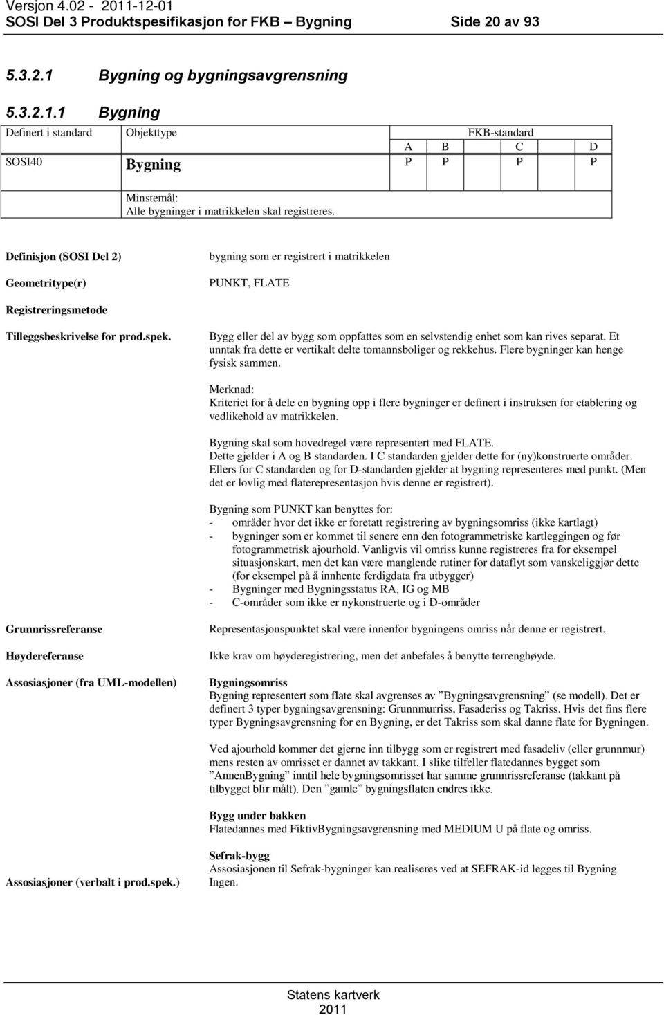 Definisjon (SOSI Del 2) Geometritype(r) bygning som er registrert i matrikkelen PUNKT, FLATE Registreringsmetode Tilleggsbeskrivelse for prod.spek.