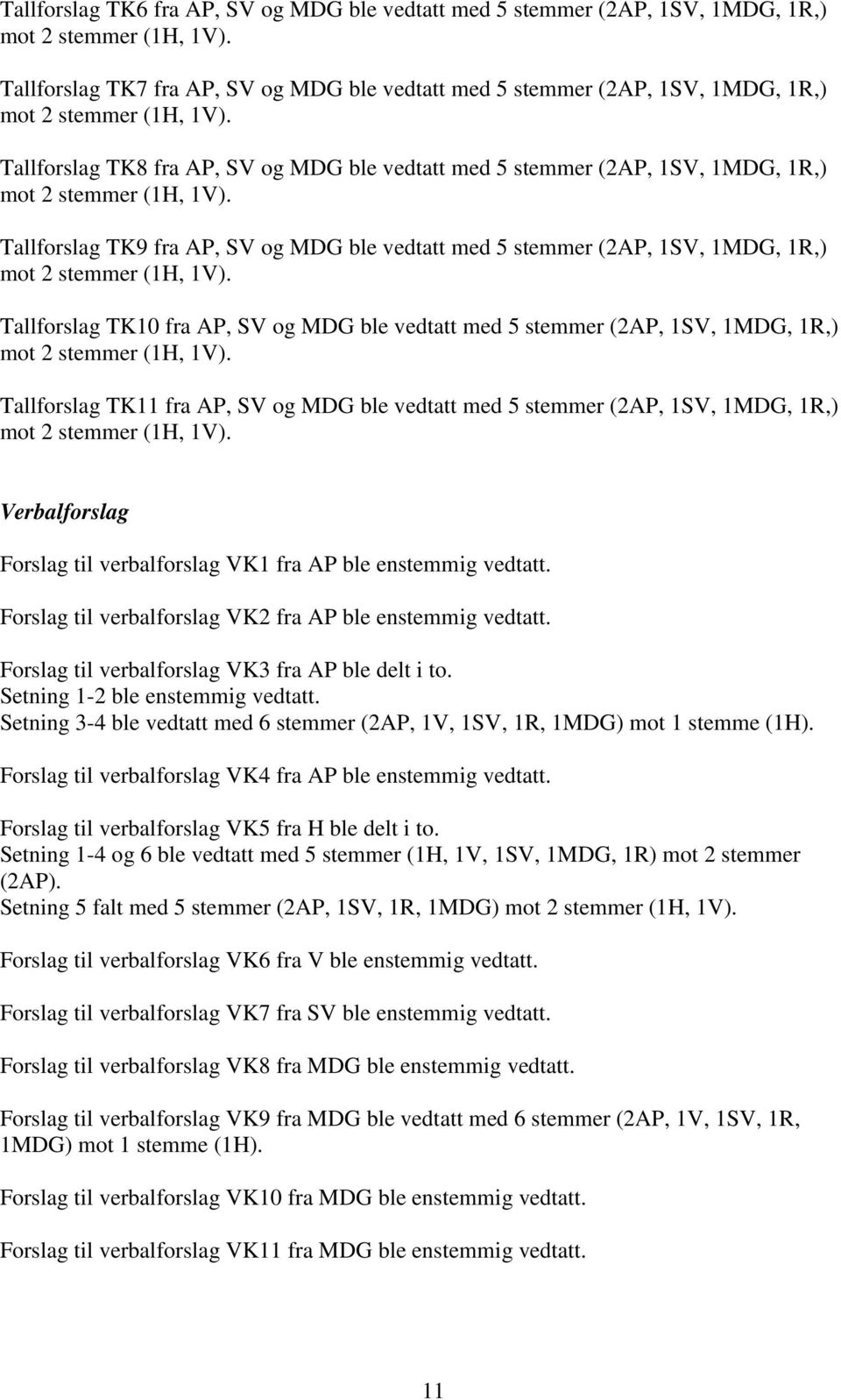 1SV, 1MDG, 1R,) Tallforslag TK11 fra AP, SV og MDG ble vedtatt med 5 stemmer (2AP, 1SV, 1MDG, 1R,) Verbalforslag Forslag til verbalforslag VK1 fra AP ble enstemmig vedtatt.