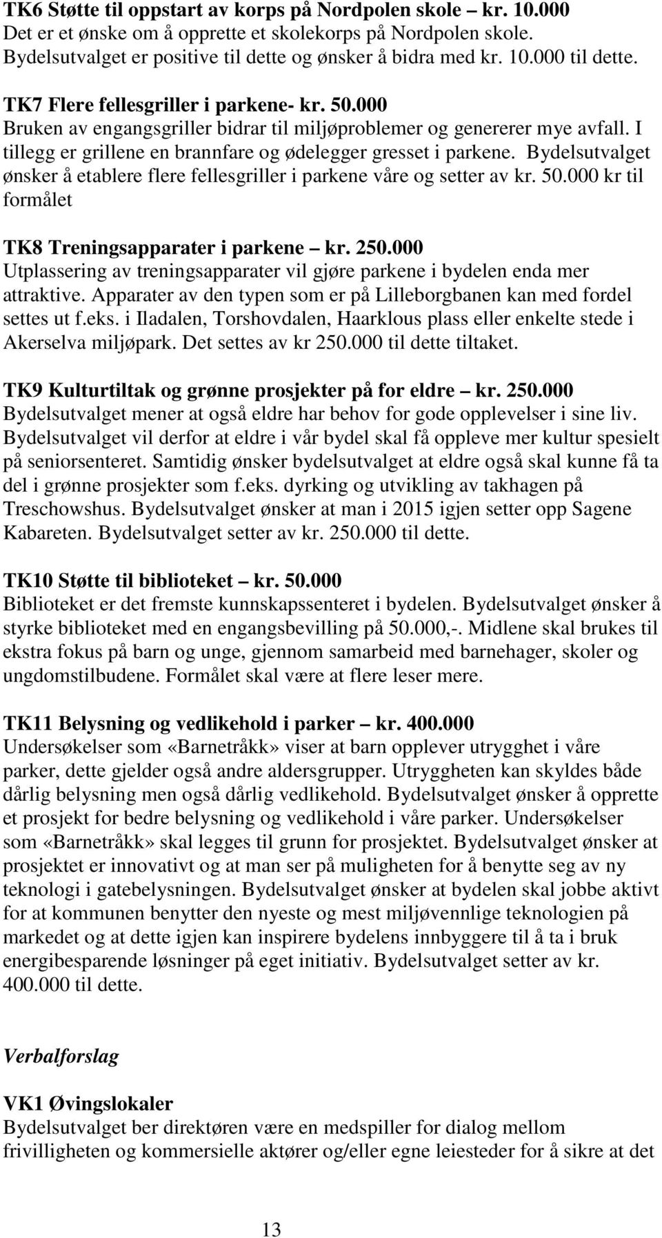 Bydelsutvalget ønsker å etablere flere fellesgriller i parkene våre og setter av kr. 50.000 kr til formålet TK8 Treningsapparater i parkene kr. 250.