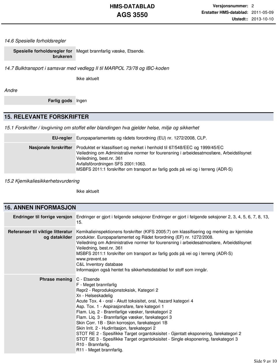 1272/2008, CLP. Produktet er klassifisert og merket i henhold til 67/548/EEC og 1999/45/EC Veiledning om Administrative normer for fourensning i arbeidesatmosfære, Arbeidstilsynet Veiledning, best.nr.