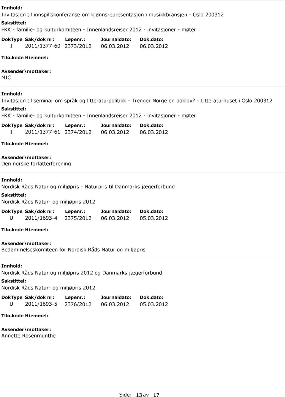 - Litteraturhuset i Oslo 200312 FKK - familie- og kulturkomiteen - nnenlandsreiser 2012 - invitasjoner - møter 2011/1377-61 2374/2012 Den norske forfatterforening Nordisk Råds Natur og miljøpris