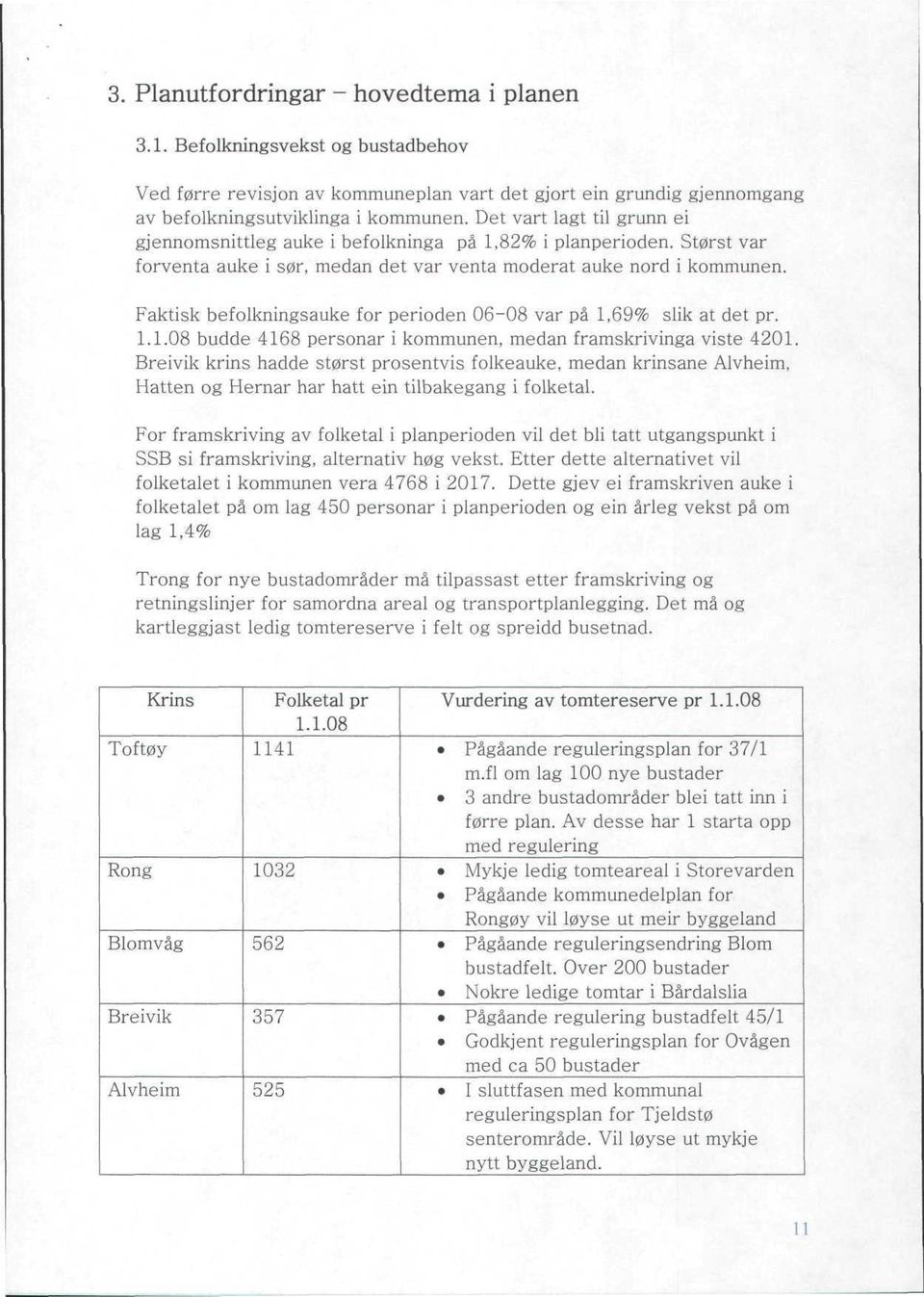 Faktisk befolkningsauke for perioden 06-08 var på 1,69% slik at det pr. 1.1.08 budde 4168 personår i kommunen, medan framskrivinga viste 4201.