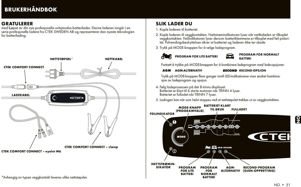 CTEK COMFORT CONNECT LADEKABEL NETTSTØPSEL* NETTKABEL SLIK LADER DU 1. Kople laderen til batteriet. 2. Kople laderen til veggkontakten.