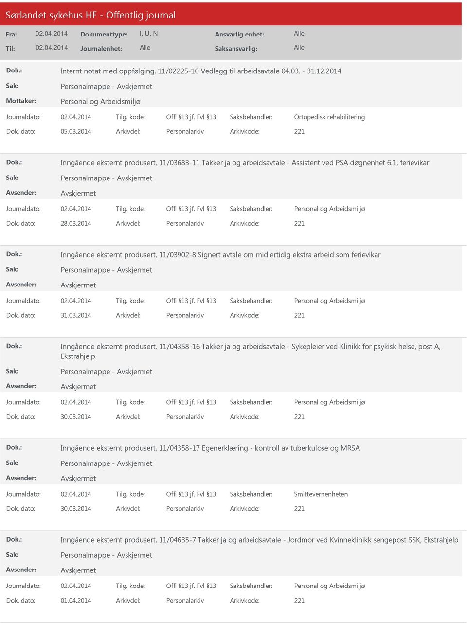 2014 Arkivdel: Personalarkiv Arkivkode: 221 Inngående eksternt produsert, 11/036