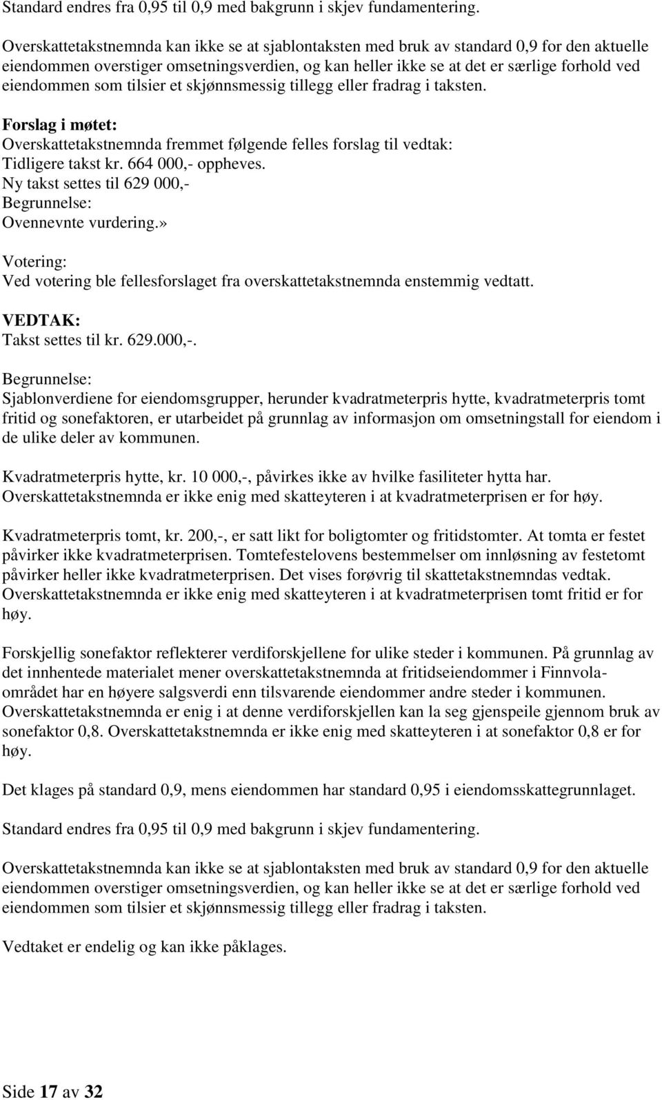 664 000,- oppheves. Ny takst settes til 629 000,- Ovennevnte vurdering.» Votering: Ved votering ble fellesforslaget fra overskattetakstnemnda enstemmig vedtatt. VEDTAK: Takst settes til kr. 629.000,-. Overskattetakstnemnda er ikke enig med skatteyteren i at kvadratmeterprisen er for Det klages på standard 0,9, mens eiendommen har standard 0,95 i eiendomsskattegrunnlaget.