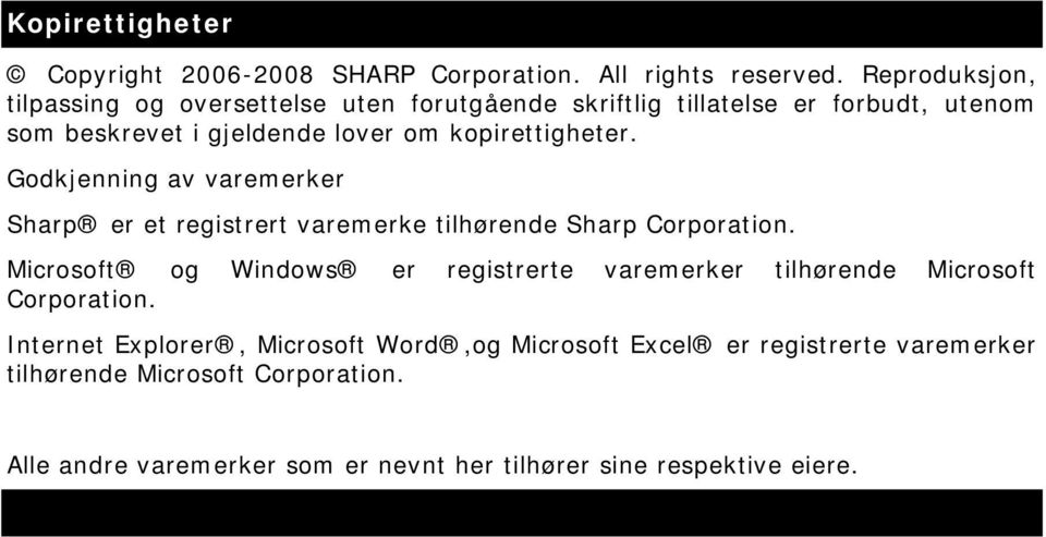 kopirettigheter. Godkjenning av varemerker Sharp er et registrert varemerke tilhørende Sharp Corporation.