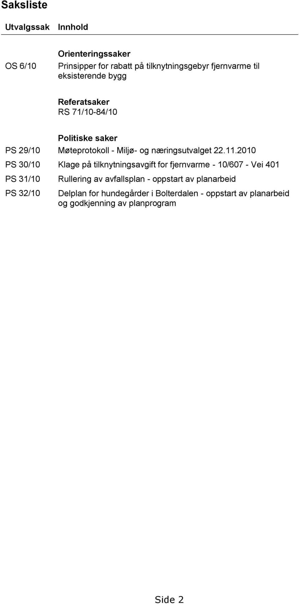 2010 PS 30/10 Klage på tilknytningsavgift for fjernvarme - 10/607 - Vei 401 PS 31/10 PS 32/10 Rullering av avfallsplan