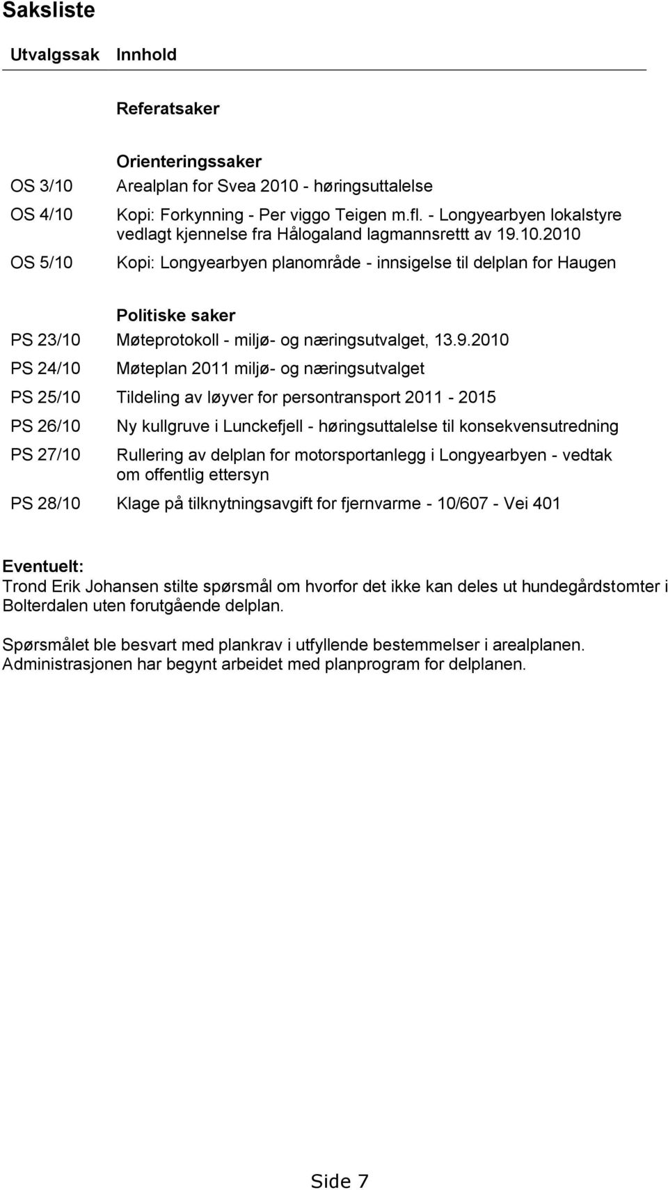 2010 Kopi: Longyearbyen planområde - innsigelse til delplan for Haugen PS 23/10 PS 24/10 Politiske saker Møteprotokoll - miljø- og næringsutvalget, 13.9.