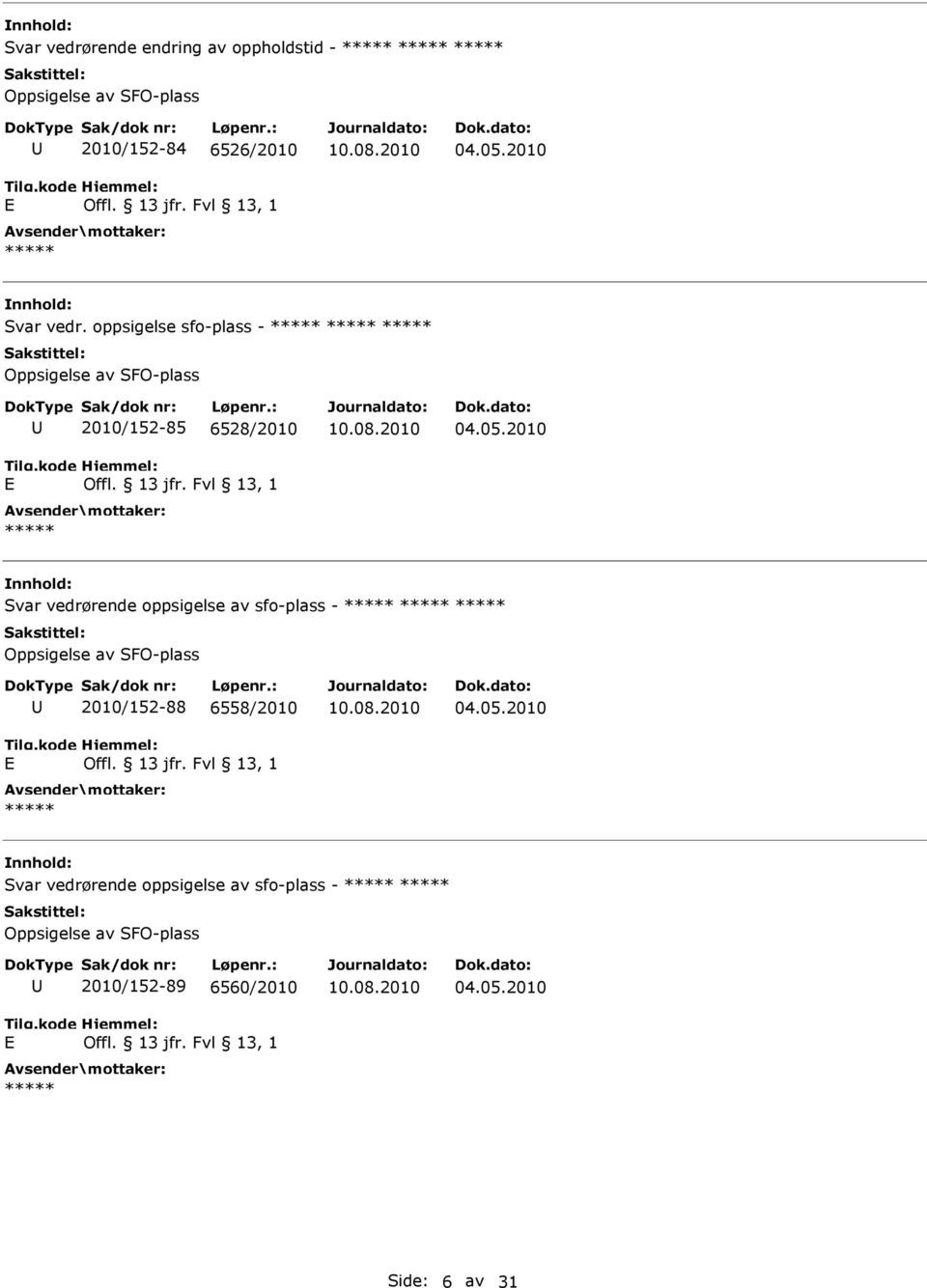 2010 Svar vedrørende oppsigelse av sfo-plass - 2010/152-88 6558/2010 04.05.