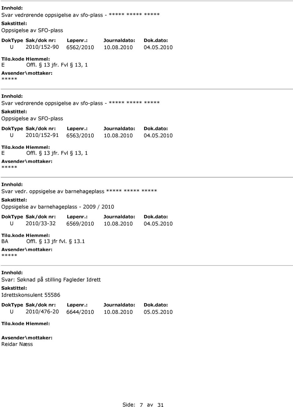 rende oppsigelse av sfo-plass - 2010/152-91 6563/2010 04.05.2010 Svar vedr.