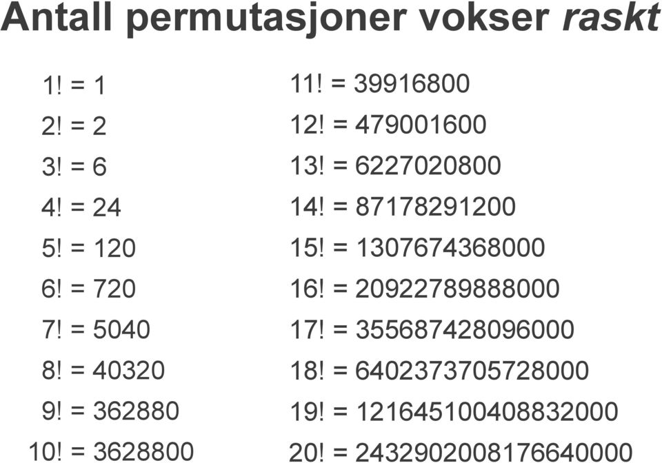 = 6227020800 14! = 87178291200 15! = 1307674368000 16! = 20922789888000 17!